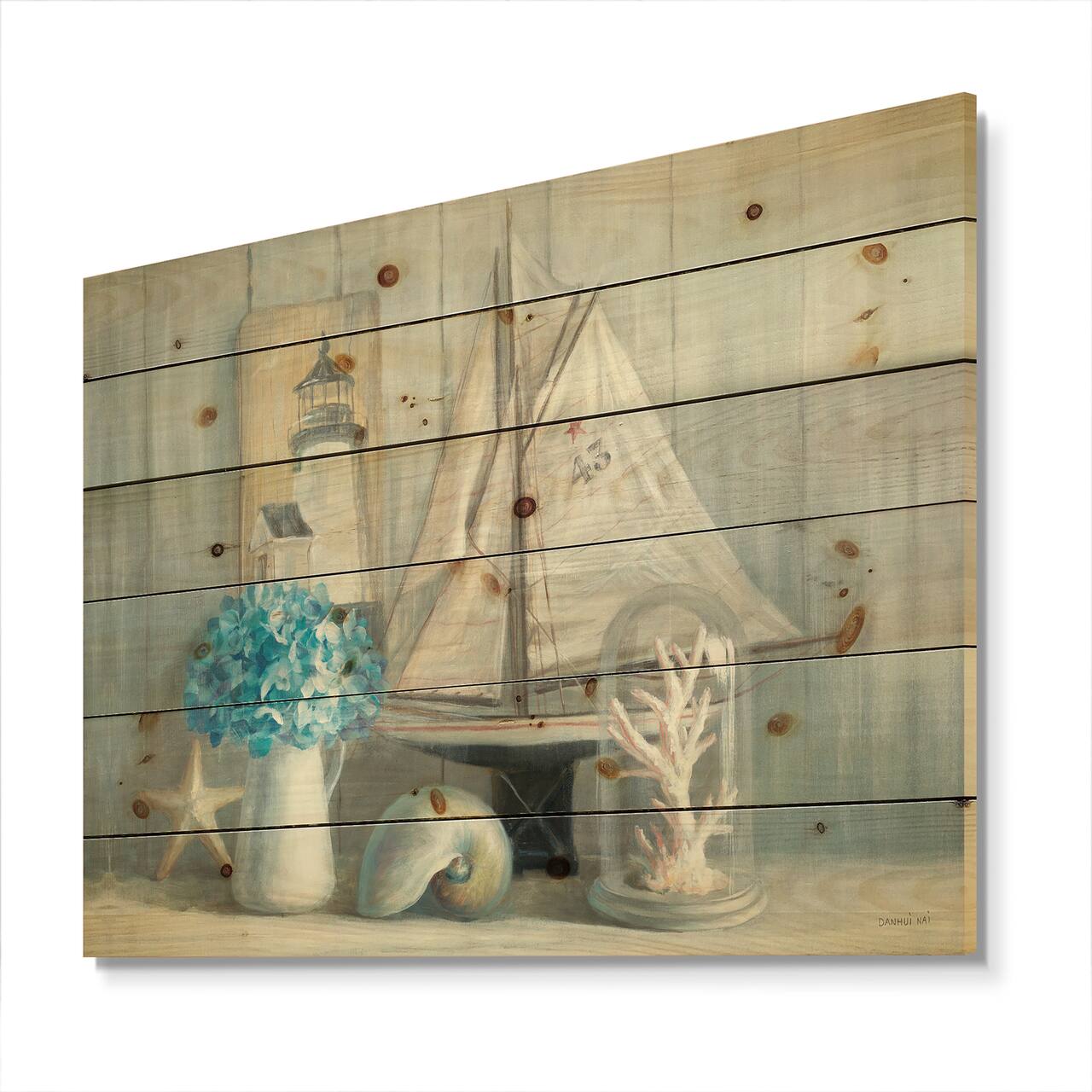 Designart - Summer Nautical House - Nautical & Coastal Print on Natural Pine Wood